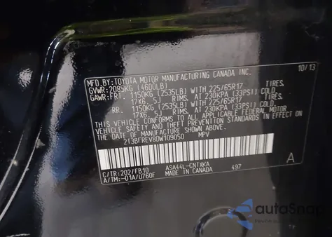 2013 Toyota Rav4 Le из США, поврежденный, VIN 2T3BFREV8DW109050